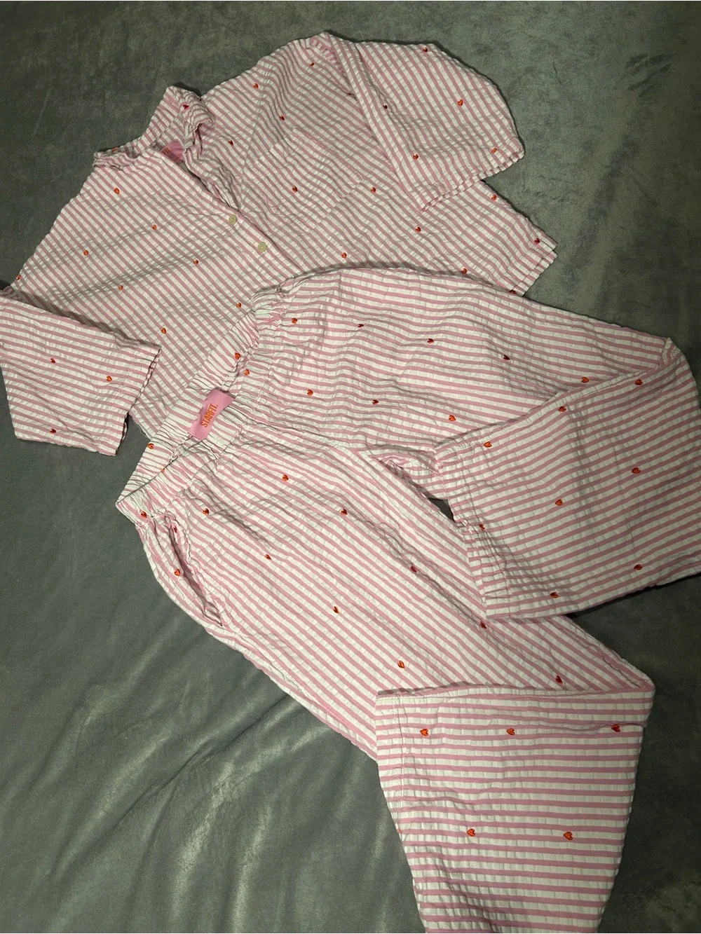 Pink Striped Kids Pajama Set with Tiny Red Hearts pink white